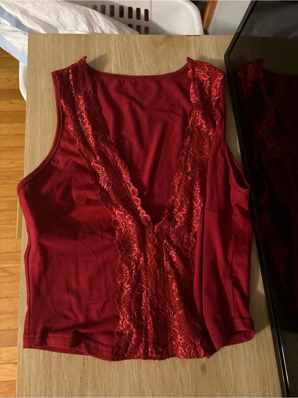 Red Lace Trim Women's Tank Top